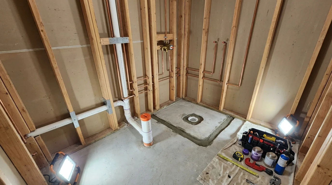 Bathroom rough-in plumbing during remodel by Johns Plumbing LLC in Richland Center