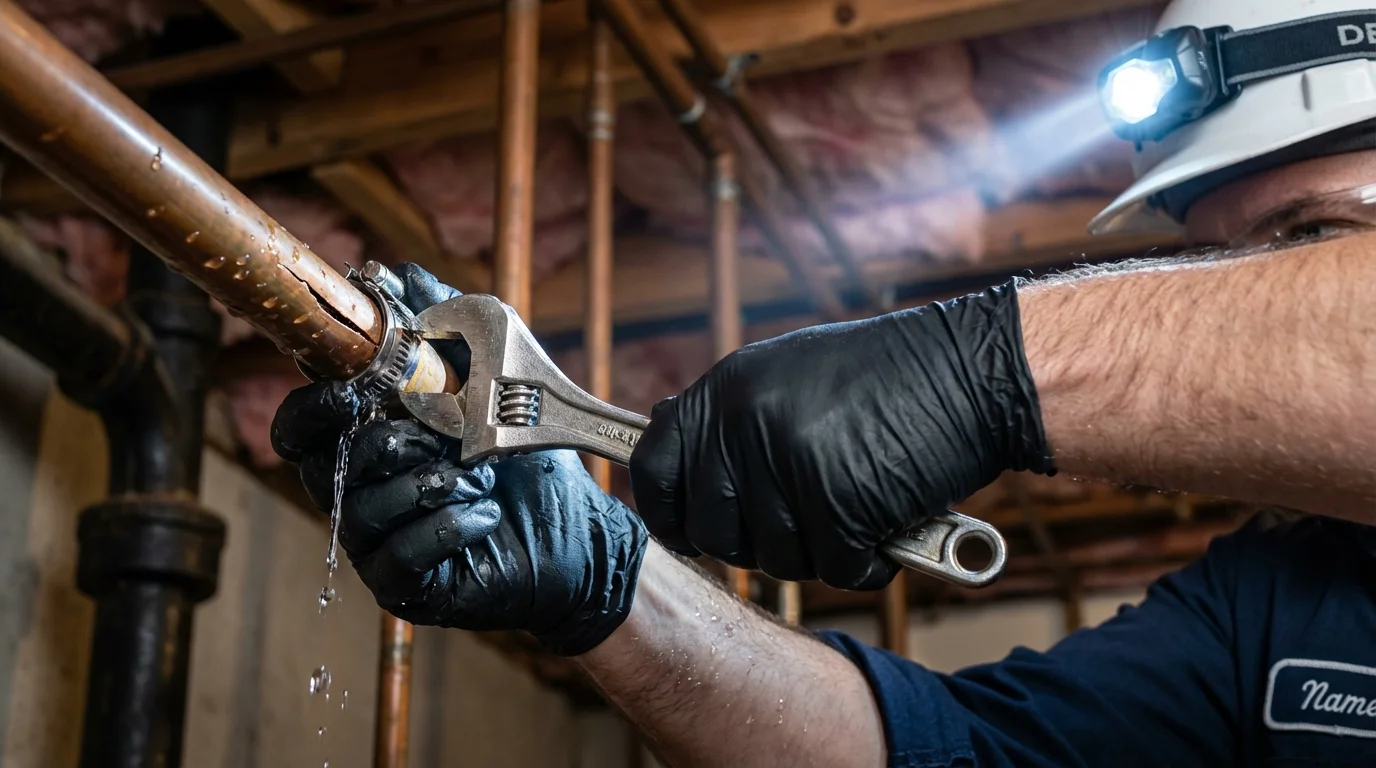 Emergency pipe clamp repair being performed by a Johns Plumbing LLC plumber in Richland Center