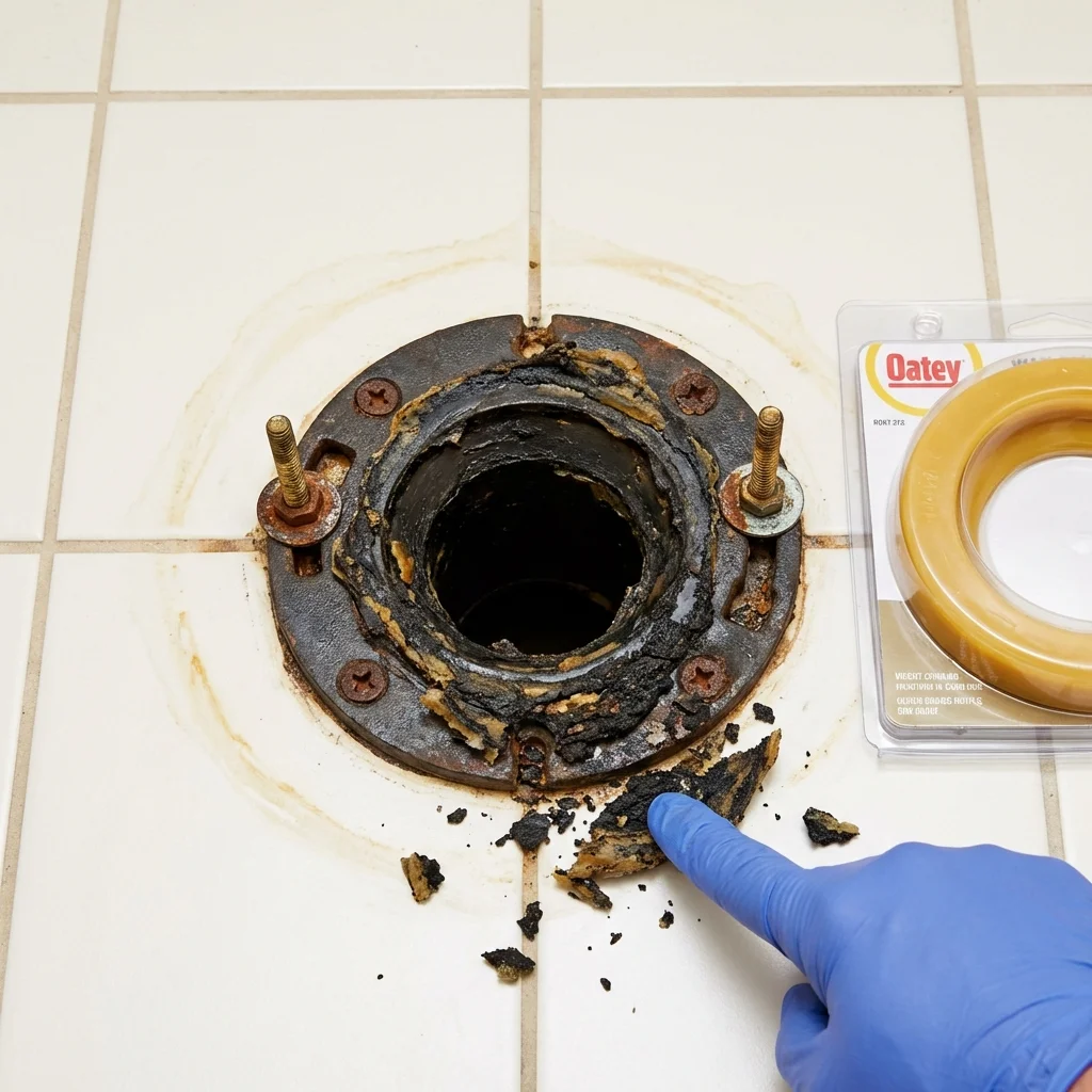 Failed wax ring showing water seepage at the base of a toilet in a Richland Center, WI home