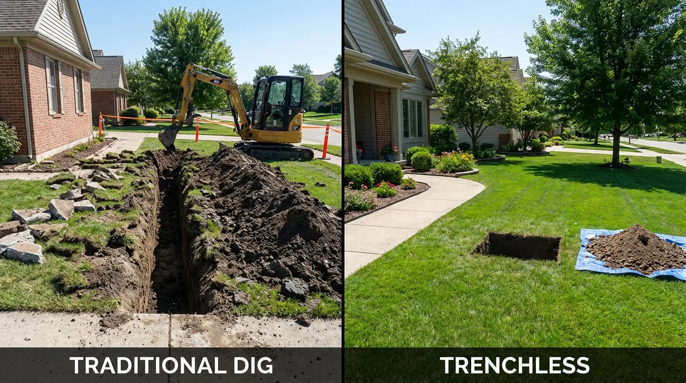 Trenchless sewer repair with minimal yard damage versus traditional excavation in Richland Center, WI