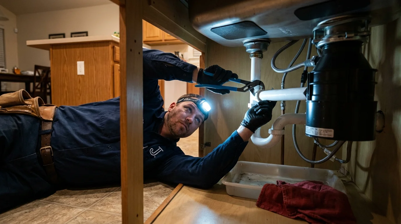 P-trap and supply line connections under a kitchen sink showing a common leak point in Richland Center, WI